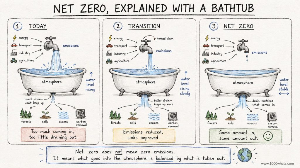 Hand-drawn infographic explaining net zero with a bathtub analogy showing emissions, sinks, and a balanced atmosphere.