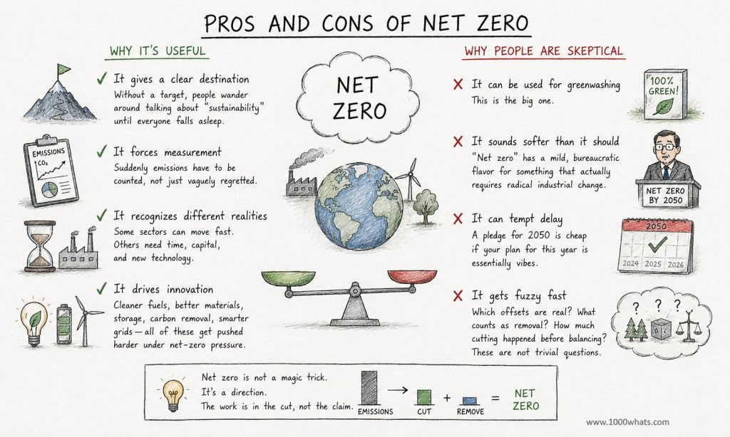 Hand-drawn infographic showing the pros and cons of net zero, including benefits, criticisms, and the idea of balancing emissions and removals.