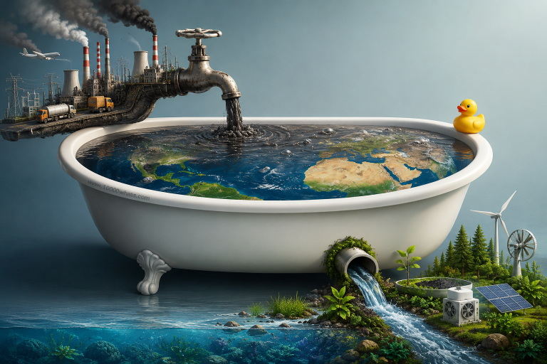 Creative net zero illustration showing Earth as a bathtub filled by industrial emissions and drained by carbon removal and cleaner energy systems.