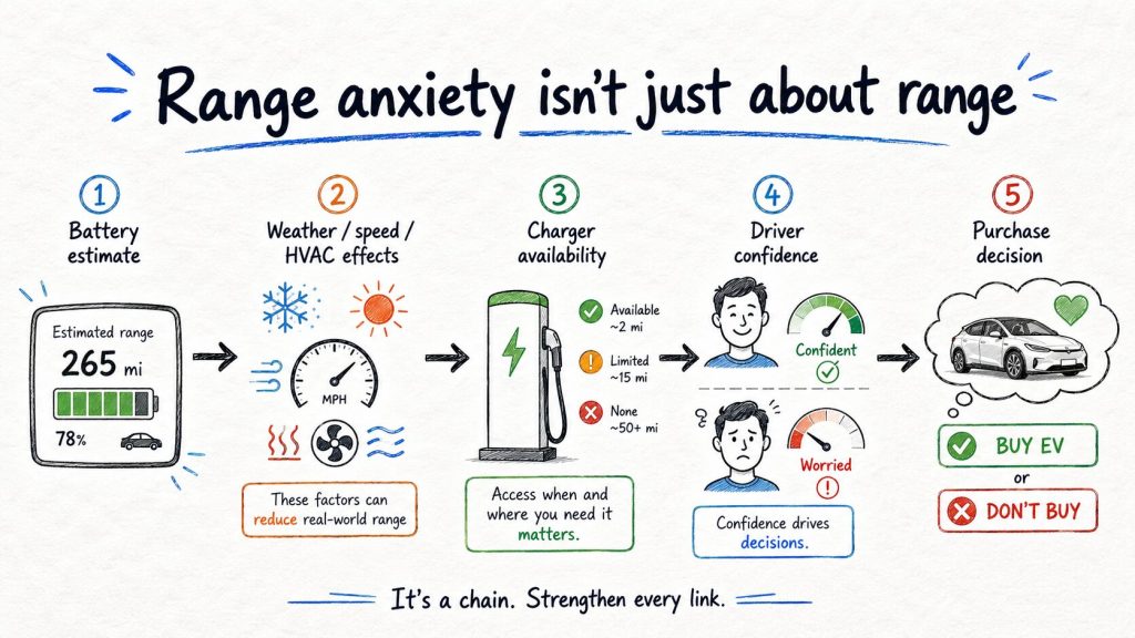 Hand-drawn infographic explaining range anxiety with battery range, weather effects, charger availability, driver confidence, and EV buying decisions.