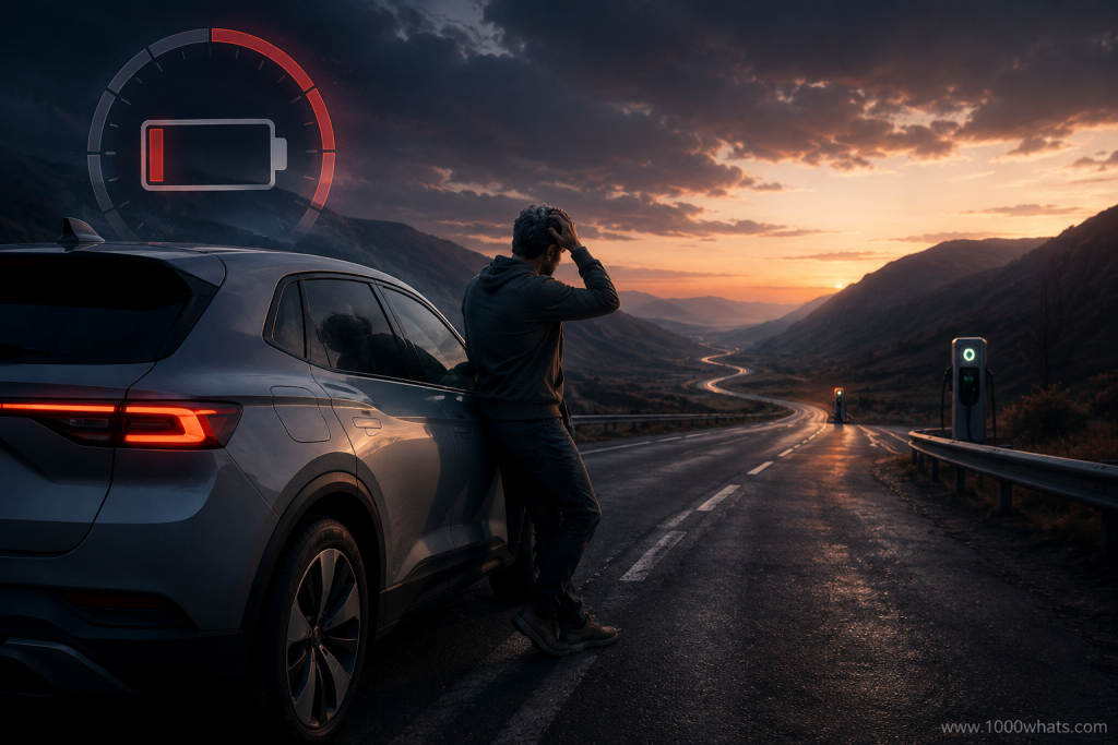 Electric vehicle driver experiencing range anxiety on a remote road with low battery and charging stations in the distance.