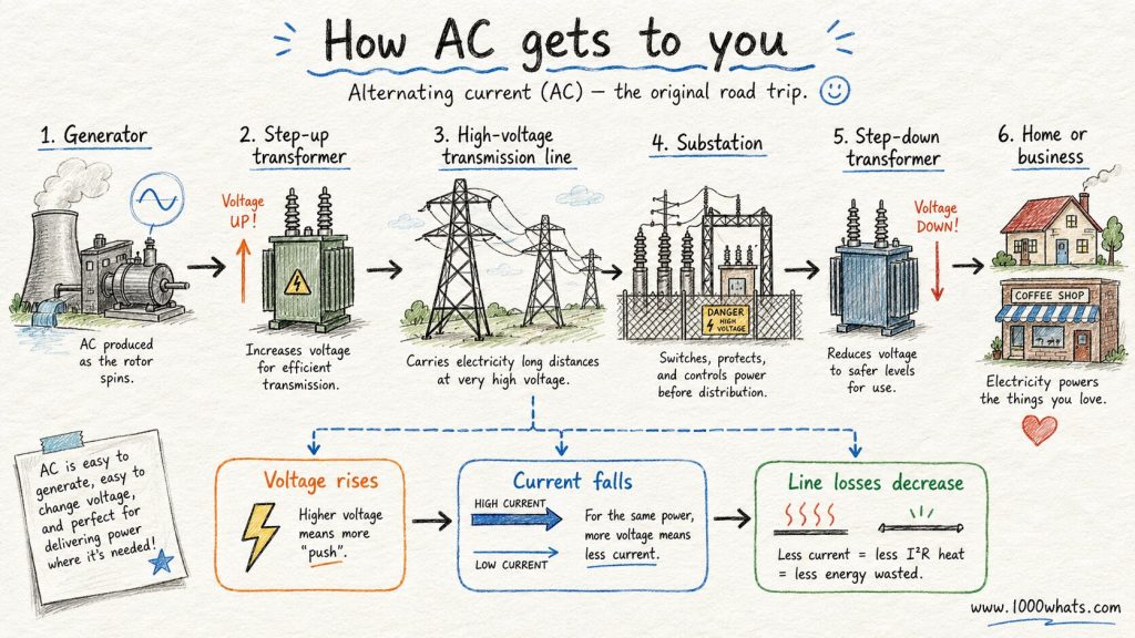 Hand-drawn alternating current infographic showing how AC is generated, transmitted at high voltage, stepped down, and delivered to homes and businesses.