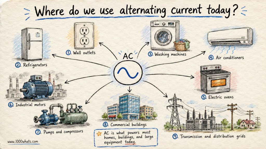 Hand-drawn alternating current diagram showing common uses of AC in homes, appliances, industry, commercial buildings, and transmission and distribution grids.