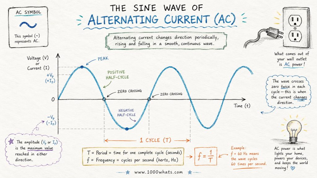 Hand-drawn alternating current diagram showing the AC sine wave with labeled peak, zero crossings, positive and negative half-cycles, amplitude, period, and frequency.