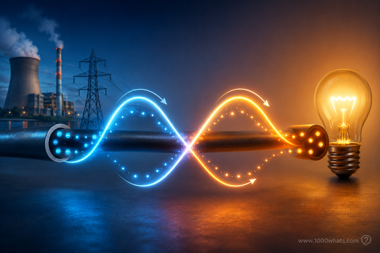 Digital featured image of alternating current shown as a glowing sine wave traveling through a cable from a power plant toward a lit light bulb.