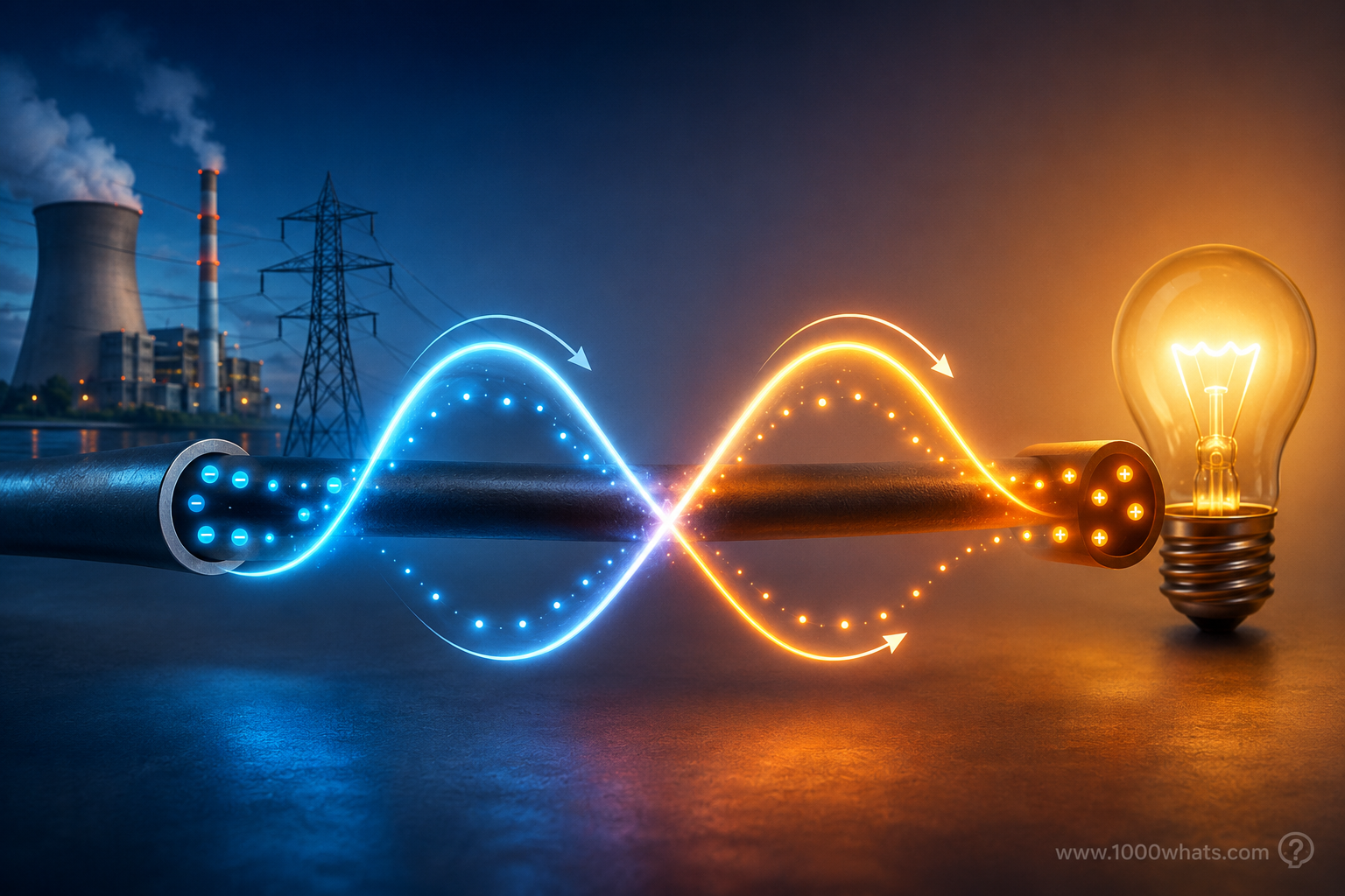 Digital featured image of alternating current shown as a glowing sine wave traveling through a cable from a power plant toward a lit light bulb.