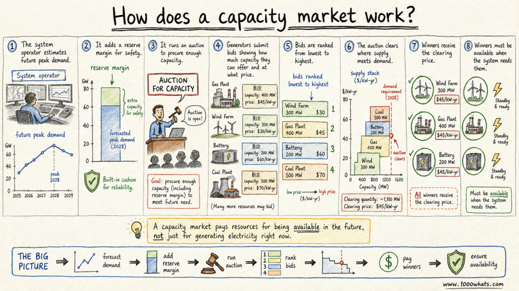 Hand-drawn capacity market infographic showing the full auction process from forecasting demand and adding a reserve margin to clearing bids and paying generators for availability.