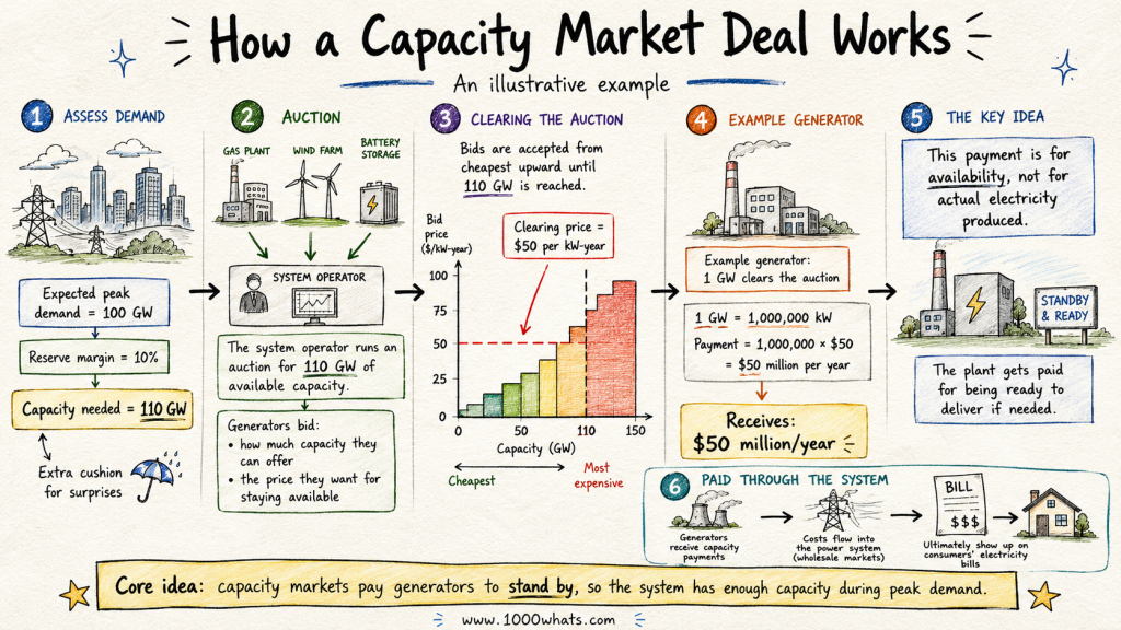 Hand-drawn capacity market illustration showing a simplified example of how generators bid into an auction and receive payments for being ready to supply power.