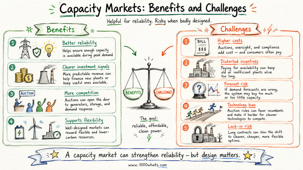 Hand-drawn capacity market comparison chart showing benefits such as reliability and investment signals alongside challenges such as cost, forecast risk, and technology bias.