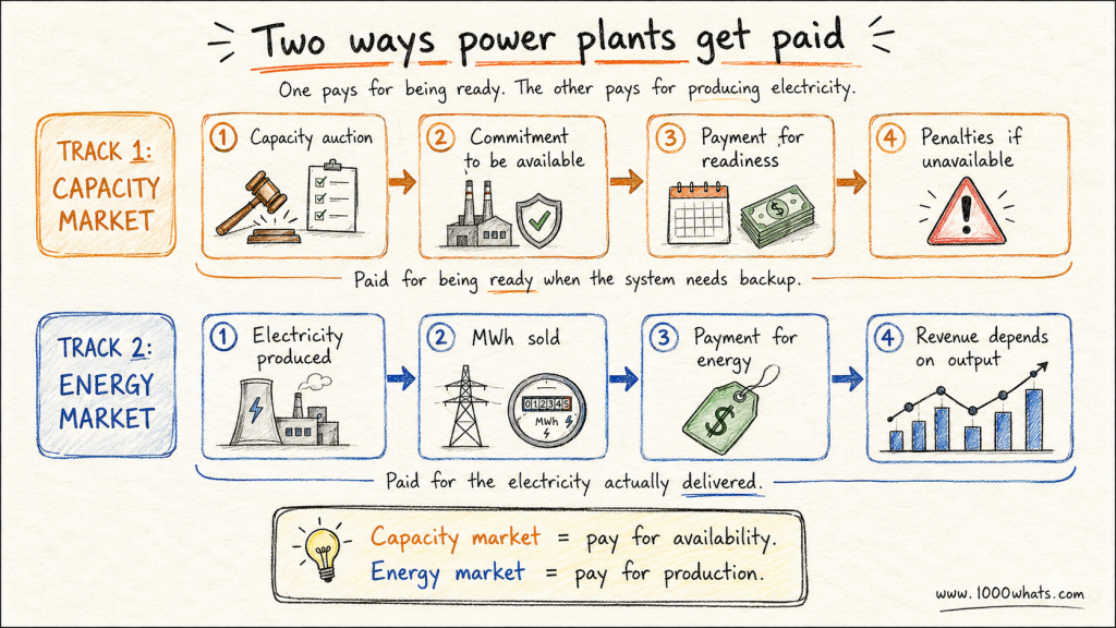 Hand-drawn capacity market diagram comparing payments for availability in a capacity market with payments for electricity production in an energy market.