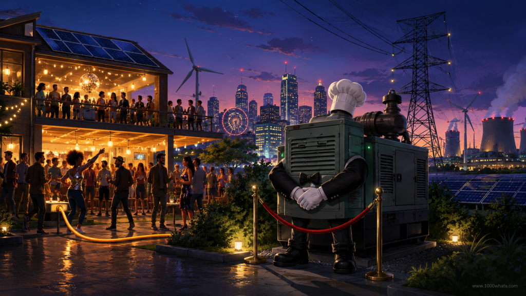 Witty capacity market featured image showing a standby generator dressed like a guard outside a lively building, symbolizing payment for being available when the power system needs backup.