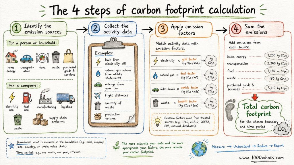 Hand-drawn carbon footprint calculation infographic showing four main steps: identify emission sources, collect activity data, apply emission factors, and sum emissions.
