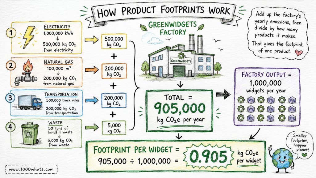 Hand-drawn carbon footprint calculation diagram showing how a factory’s annual emissions are added up and divided by output to calculate the footprint per product.
