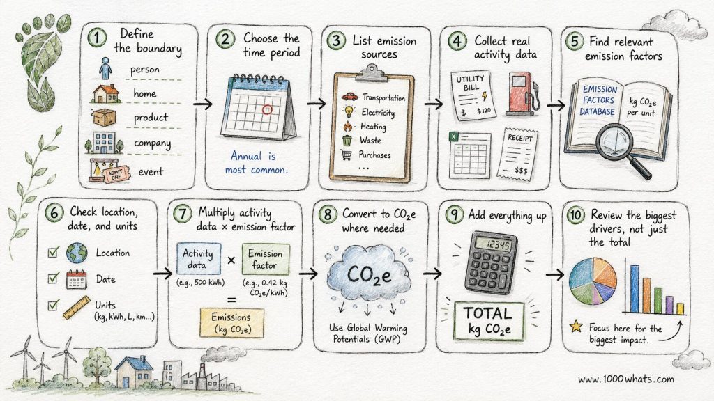 Hand-drawn carbon footprint calculation checklist showing ten steps from defining the boundary and collecting data to calculating CO2e totals and reviewing the biggest drivers.