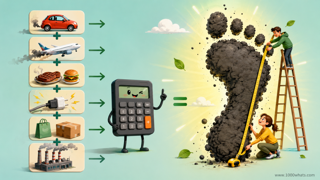 Witty carbon footprint calculation illustration showing emission sources feeding into a cartoon calculator and resulting in a large smoky footprint being measured.
