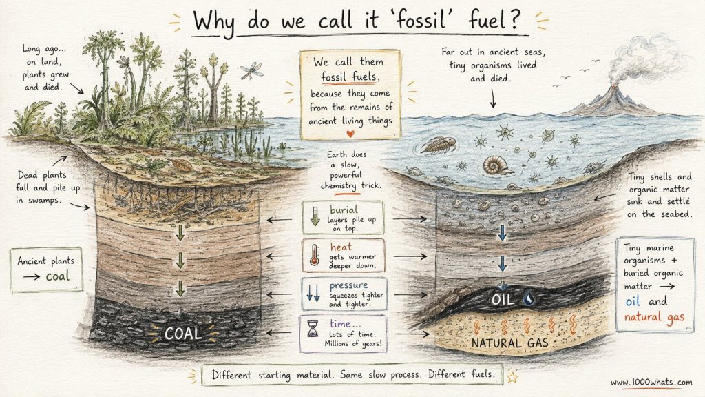 Infographic explaining how fossil fuels form from ancient plants, marine organisms, heat, pressure, and millions of years.