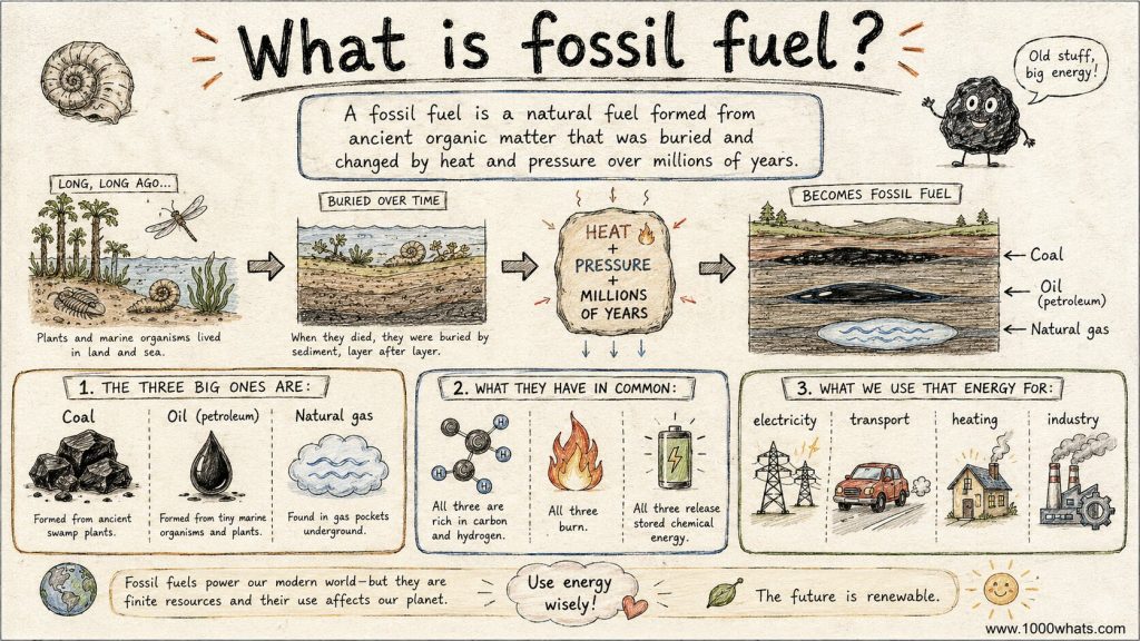 Infographic defining fossil fuels as coal, oil, and natural gas formed from ancient buried organic matter.