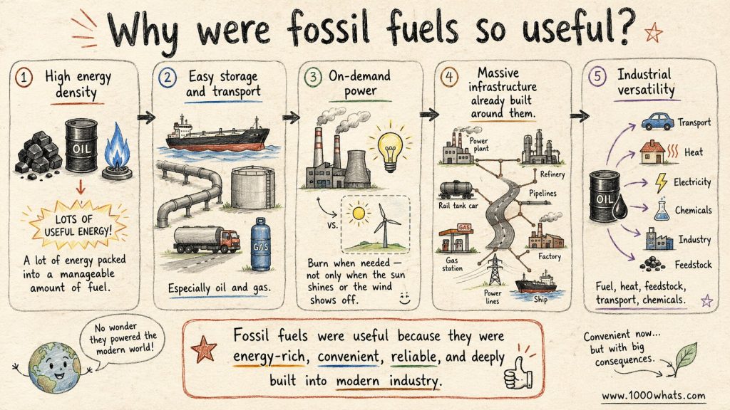 Infographic explaining why fossil fuels are useful because they are energy-dense, easy to transport, reliable, and versatile.