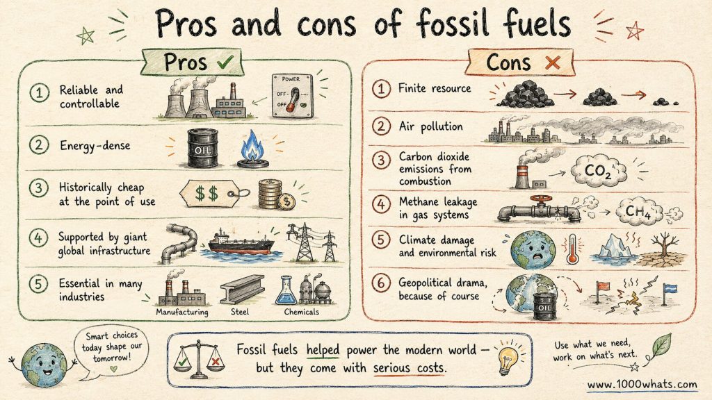 Infographic showing pros and cons of fossil fuels, including reliability, energy density, pollution, emissions, and climate damage.