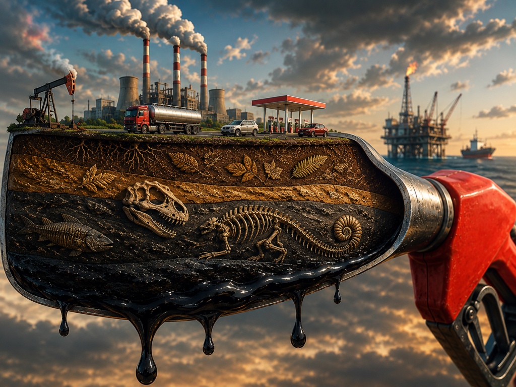 Illustration of fossil fuels showing ancient fossils underground, oil in a fuel nozzle, and modern energy infrastructure above.