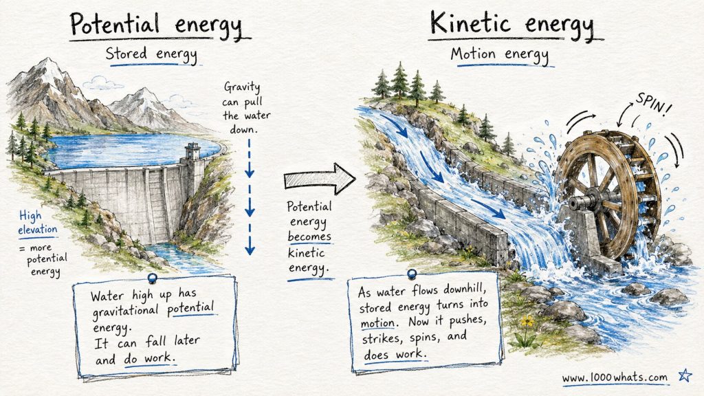 Hand-drawn hydropower diagram showing potential energy in stored water becoming kinetic energy as water flows downhill and spins a water wheel.