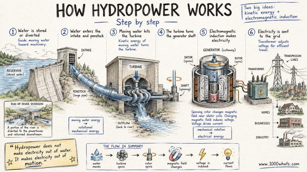 Detailed hand-drawn hydropower diagram explaining how moving water spins a turbine and generator to produce electricity for the grid.