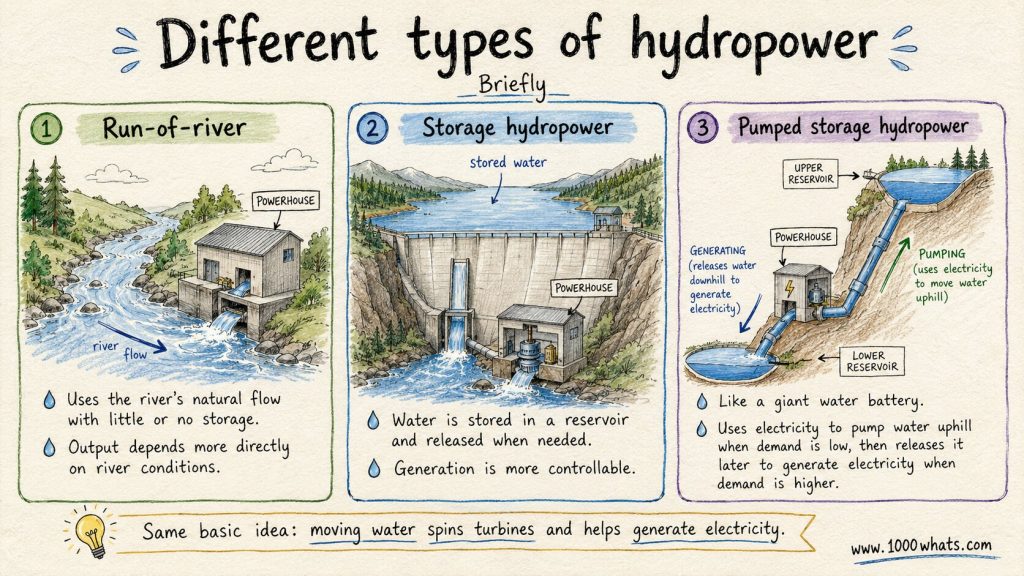 Hand-drawn comparison of three hydropower types: run-of-river, storage hydropower and pumped storage hydropower.