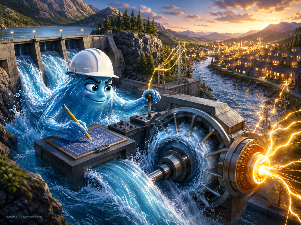 Witty hydropower illustration with a cartoon water character spinning a turbine and sending electricity through power lines to a town.