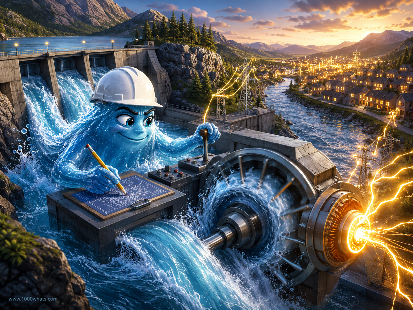 Witty hydropower illustration with a cartoon water character spinning a turbine and sending electricity through power lines to a town.