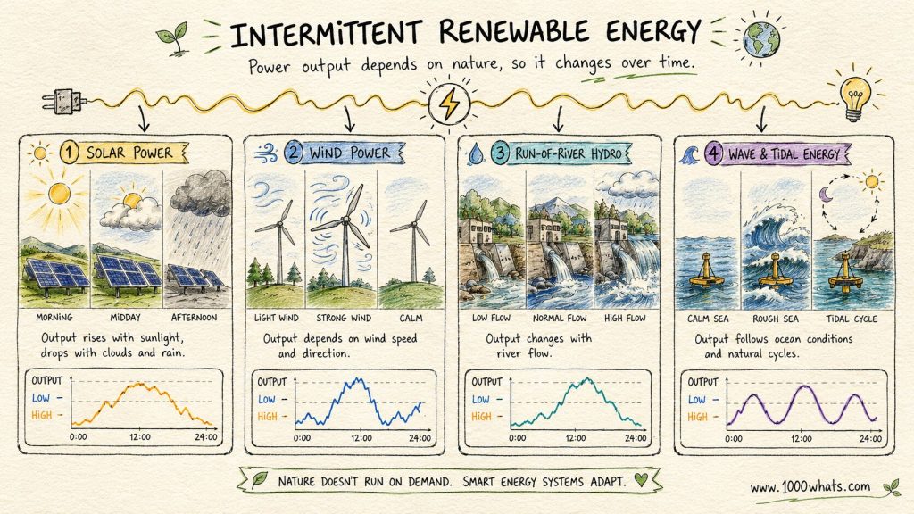 Hand-drawn intermittent renewable energy infographic showing solar, wind, run-of-river hydro, and wave and tidal energy with changing output over time.