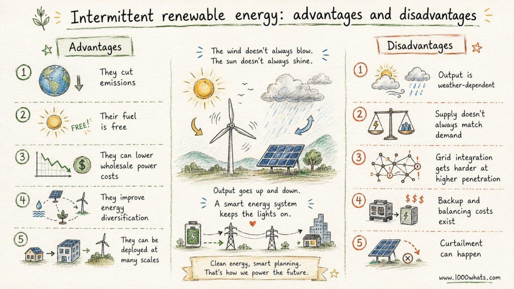Hand-drawn intermittent renewable energy diagram comparing advantages such as lower emissions and disadvantages such as weather-dependent output and grid integration challenges.