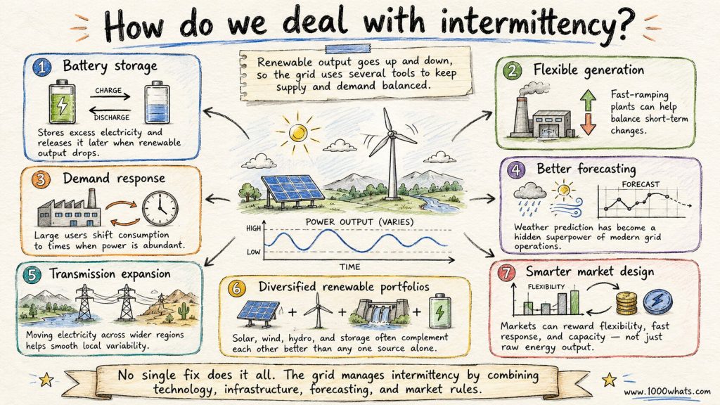 Hand-drawn intermittent renewable energy infographic showing tools like batteries, flexible generation, demand response, forecasting, transmission, portfolio diversification, and smarter market design.