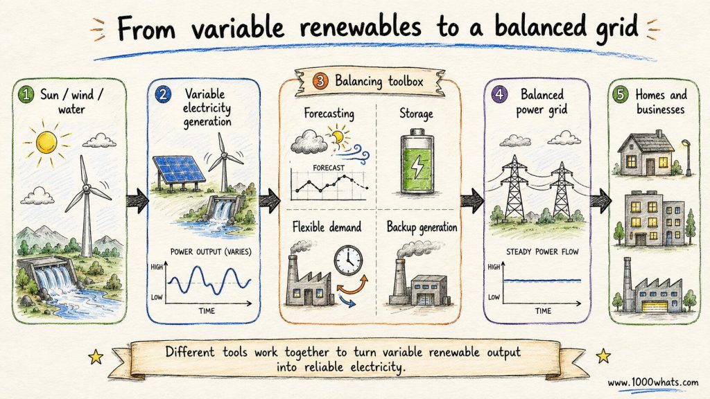 Hand-drawn intermittent renewable energy flowchart showing variable renewable generation moving through balancing tools into a stable power grid that serves homes and businesses.