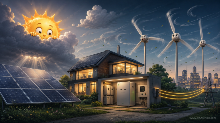 Witty featured image about intermittent renewable energy showing solar panels, wind turbines, a house battery, and a home connected to the grid under changing sun and wind conditions.