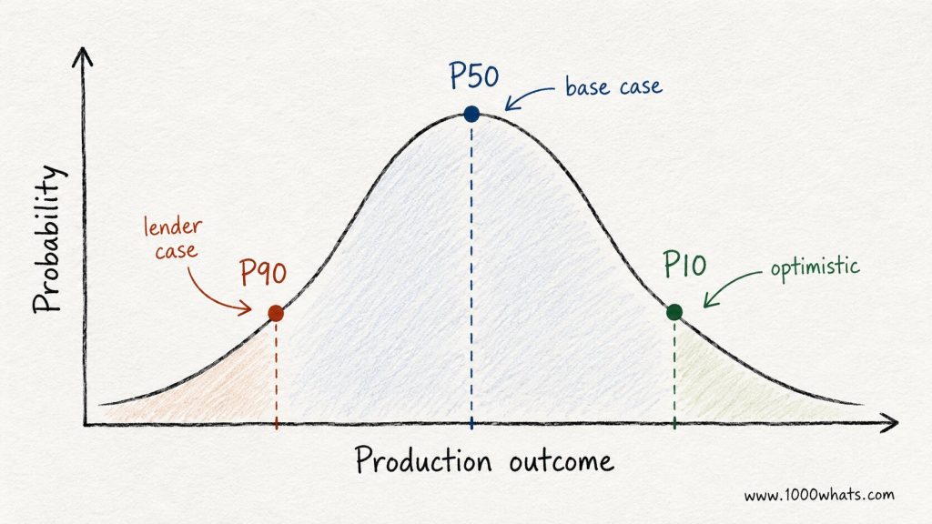 Hand-drawn probability curve explaining P50 P90 Pxx values for energy project production outcomes.