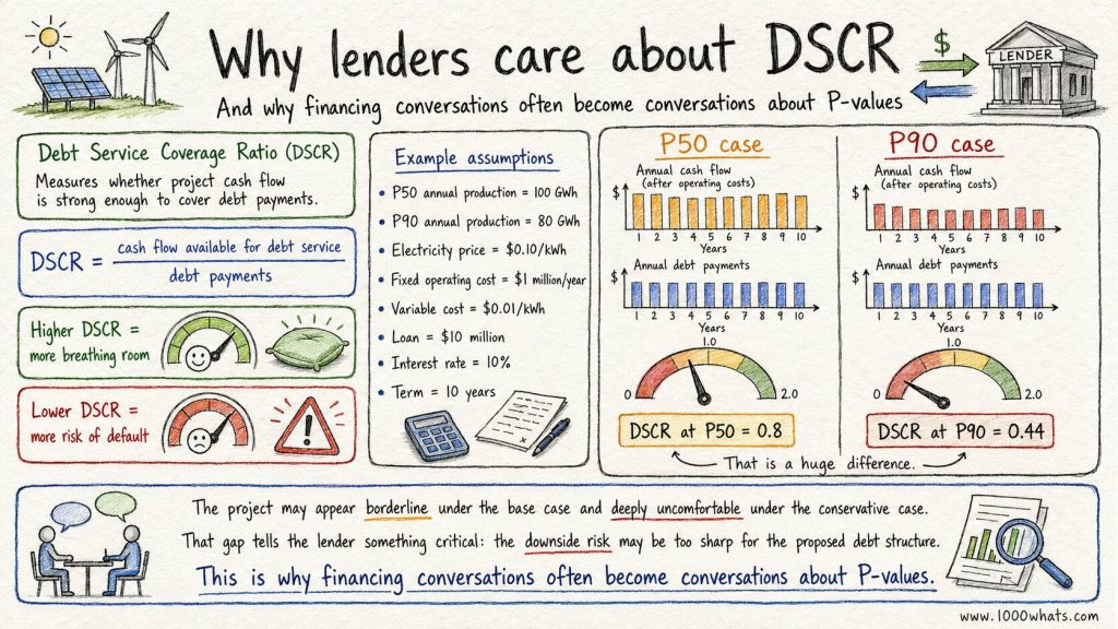 Hand-drawn infographic explaining P50 P90 Pxx values, DSCR, and lender risk in energy project finance.