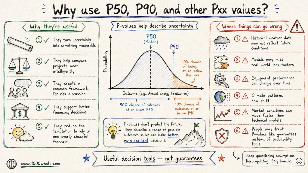 Infographic explaining why P50 P90 Pxx values are useful for energy project risk and uncertainty analysis.