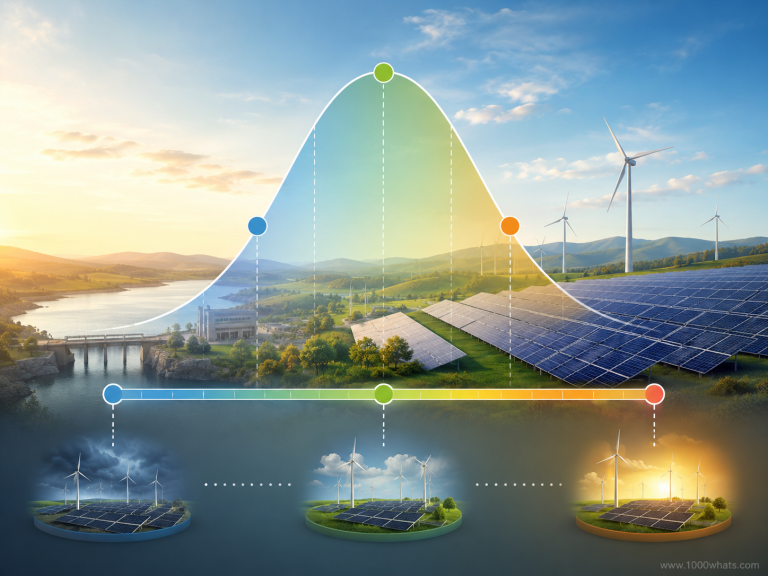 Renewable energy landscape with probability curve explaining P50 P90 Pxx values in project forecasting.