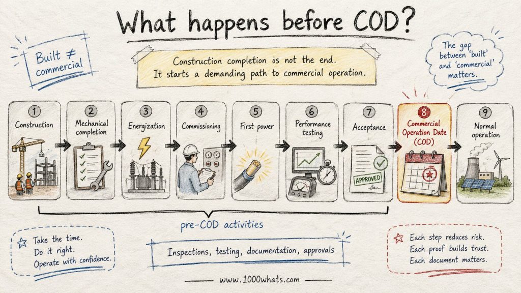 Hand-drawn Commercial Operation Date (COD) timeline showing construction, commissioning, first power, performance testing, acceptance, COD, and normal operation.