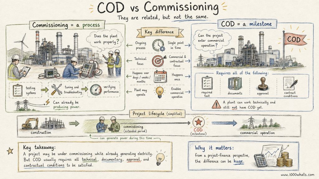 Hand-drawn Commercial Operation Date (COD) diagram comparing commissioning as an ongoing process with COD as a single commercial milestone.