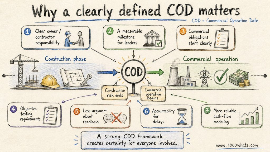 Hand-drawn Commercial Operation Date (COD) infographic showing why COD creates certainty around construction risk, commercial operation, testing, delays, and project cash flow.