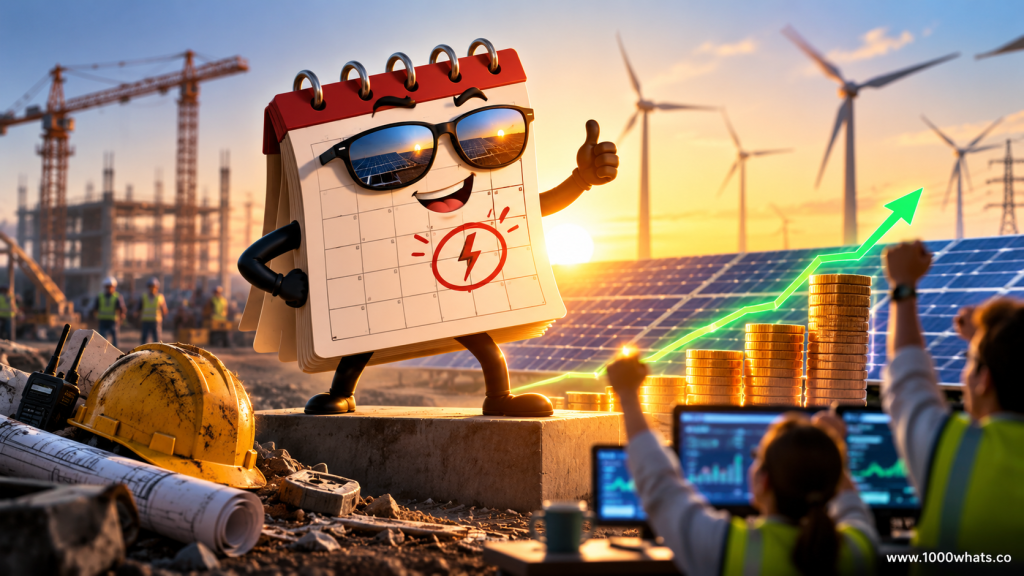 Witty Commercial Operation Date (COD) featured image showing a smiling calendar at a renewable energy project site with construction, solar panels, wind turbines, and financial growth.