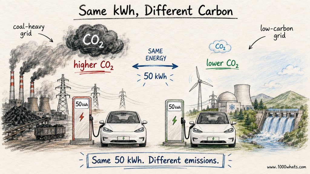 Hand-drawn carbon intensity infographic showing two EVs each receiving 50 kWh, with higher CO2 from a coal-heavy grid and lower CO2 from a low-carbon grid.