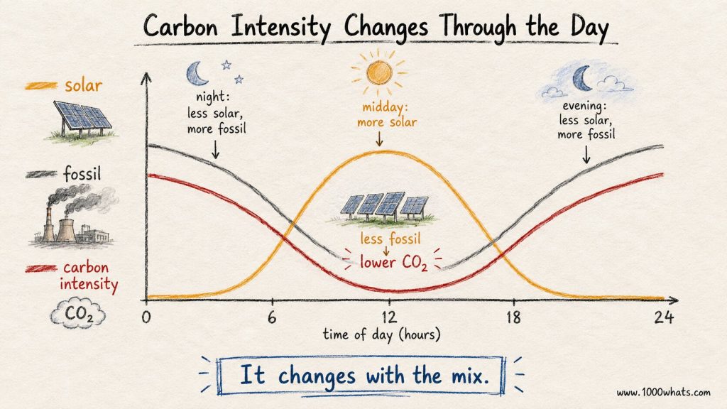 Hand-drawn carbon intensity infographic showing a 24-hour curve where midday solar rises, fossil generation falls, and carbon intensity drops before rising again later.
