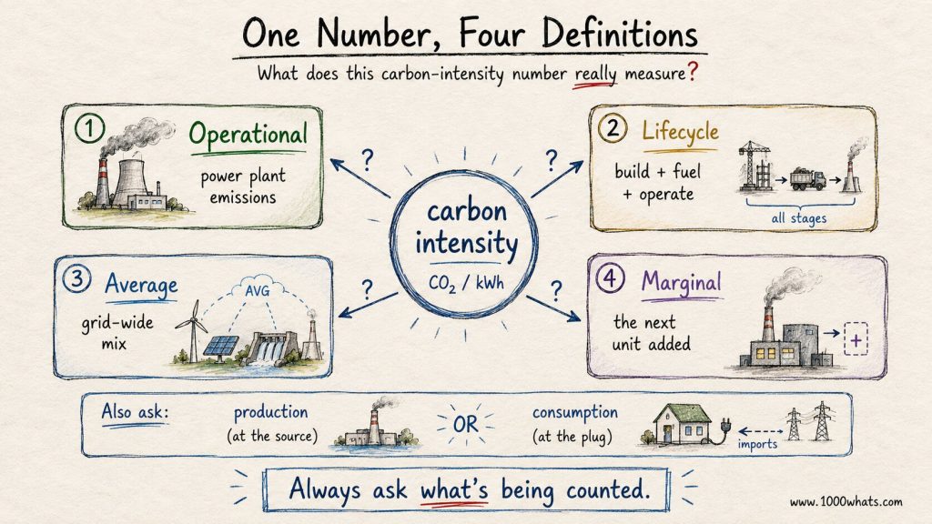 Hand-drawn carbon intensity infographic showing four definitions of carbon intensity: operational, lifecycle, average, and marginal, plus production versus consumption perspectives.