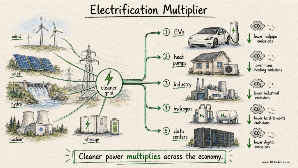 Hand-drawn carbon intensity infographic showing a cleaner grid supplying EVs, heat pumps, industry, hydrogen, and data centers, lowering emissions across multiple sectors.