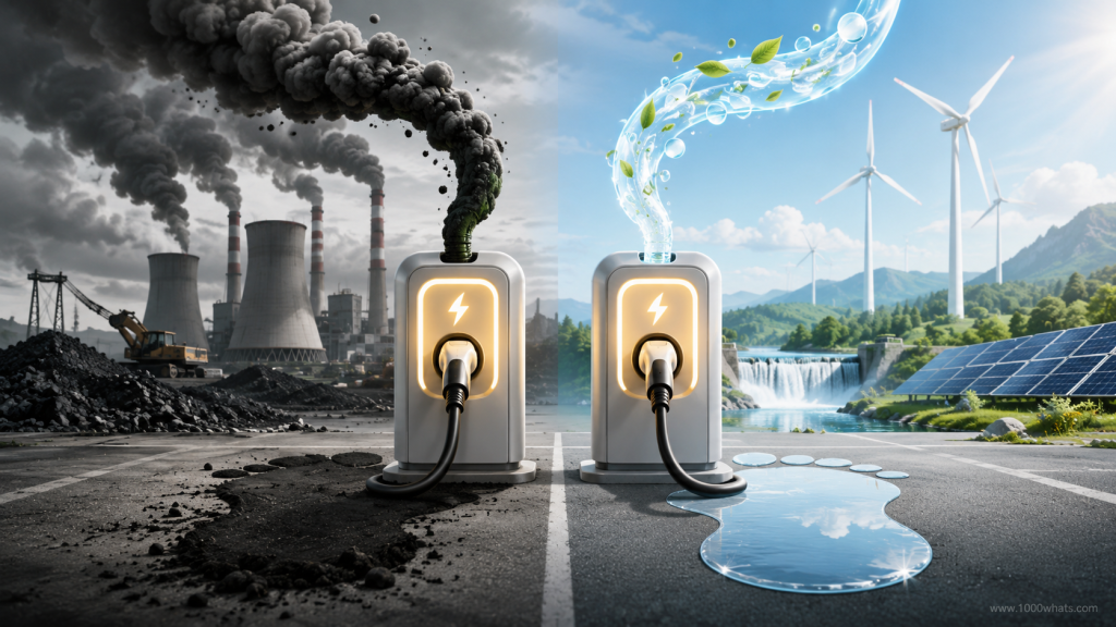 Featured image about carbon intensity showing two charging stations side by side, one connected to a fossil-heavy grid with dark smoke and the other to a clean renewable-powered grid.