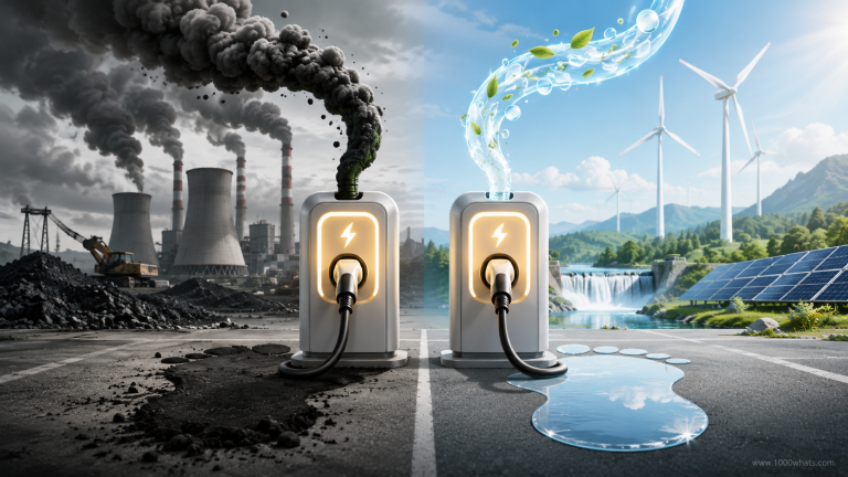 Featured image about carbon intensity showing two charging stations side by side, one connected to a fossil-heavy grid with dark smoke and the other to a clean renewable-powered grid.