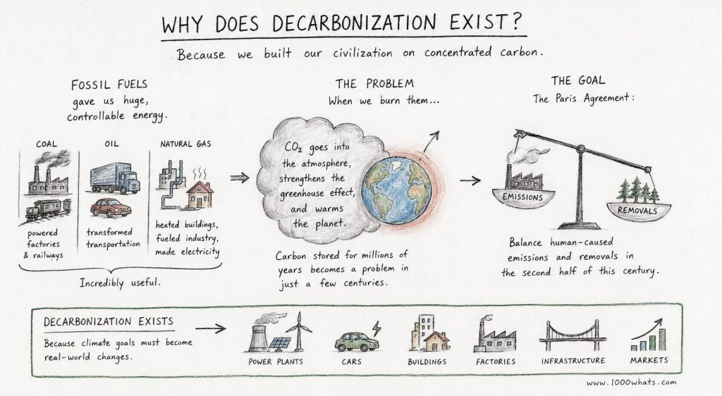 Hand-drawn decarbonization illustration showing fossil fuels, CO₂ emissions, global warming, and the goal of balancing emissions and removals.