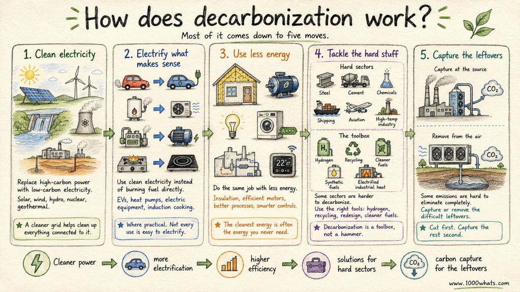 Hand-drawn decarbonization diagram showing five main strategies: clean electricity, electrification, energy efficiency, hard-sector solutions, and carbon capture.